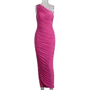 Hot Pink One Shoulder Ruched Bodycon Midi Dress Womens Size Large
